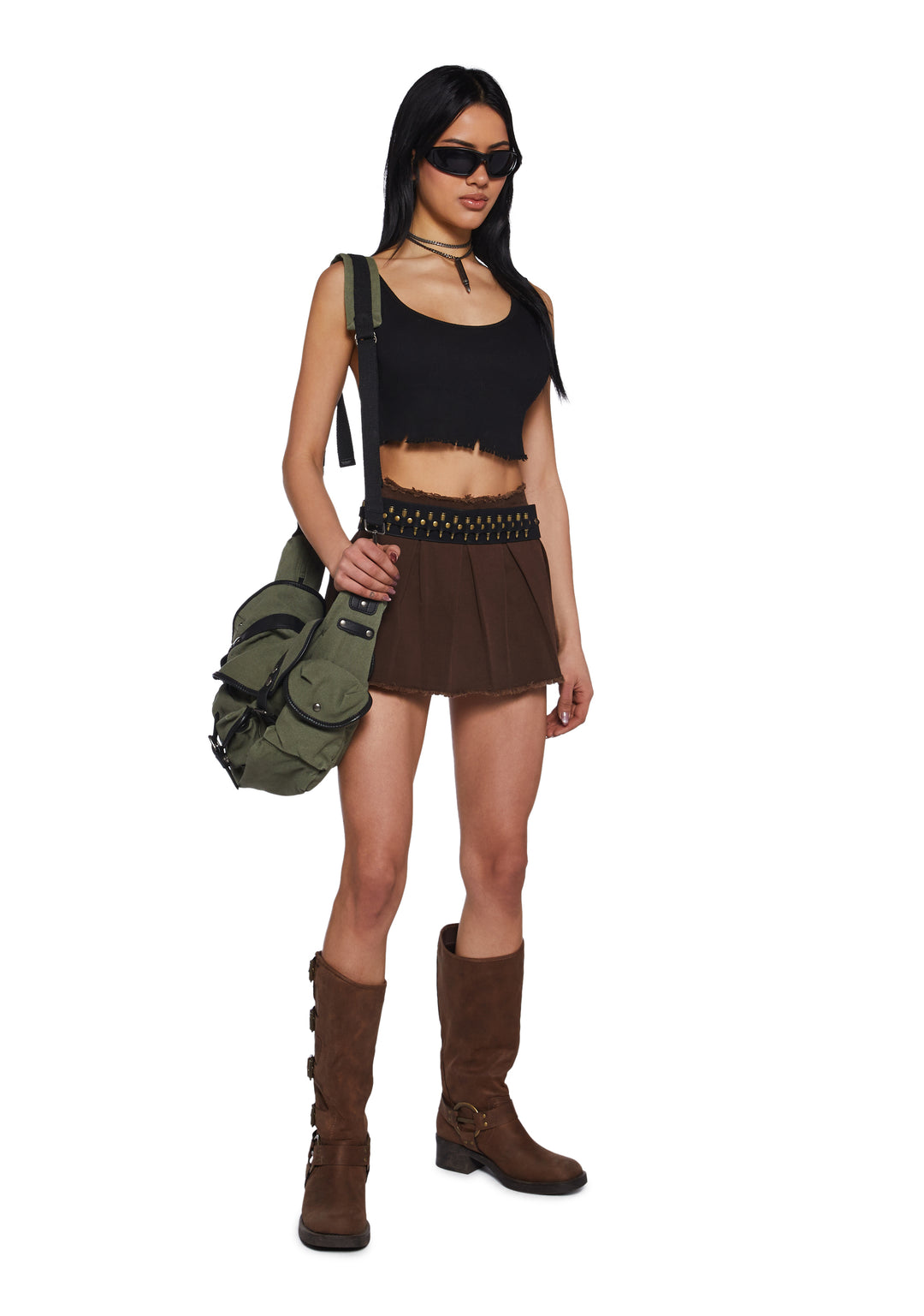 Womens Cotton Pleated Mini Skirt With Bullet Belt Current Mood - Brown - Image 2