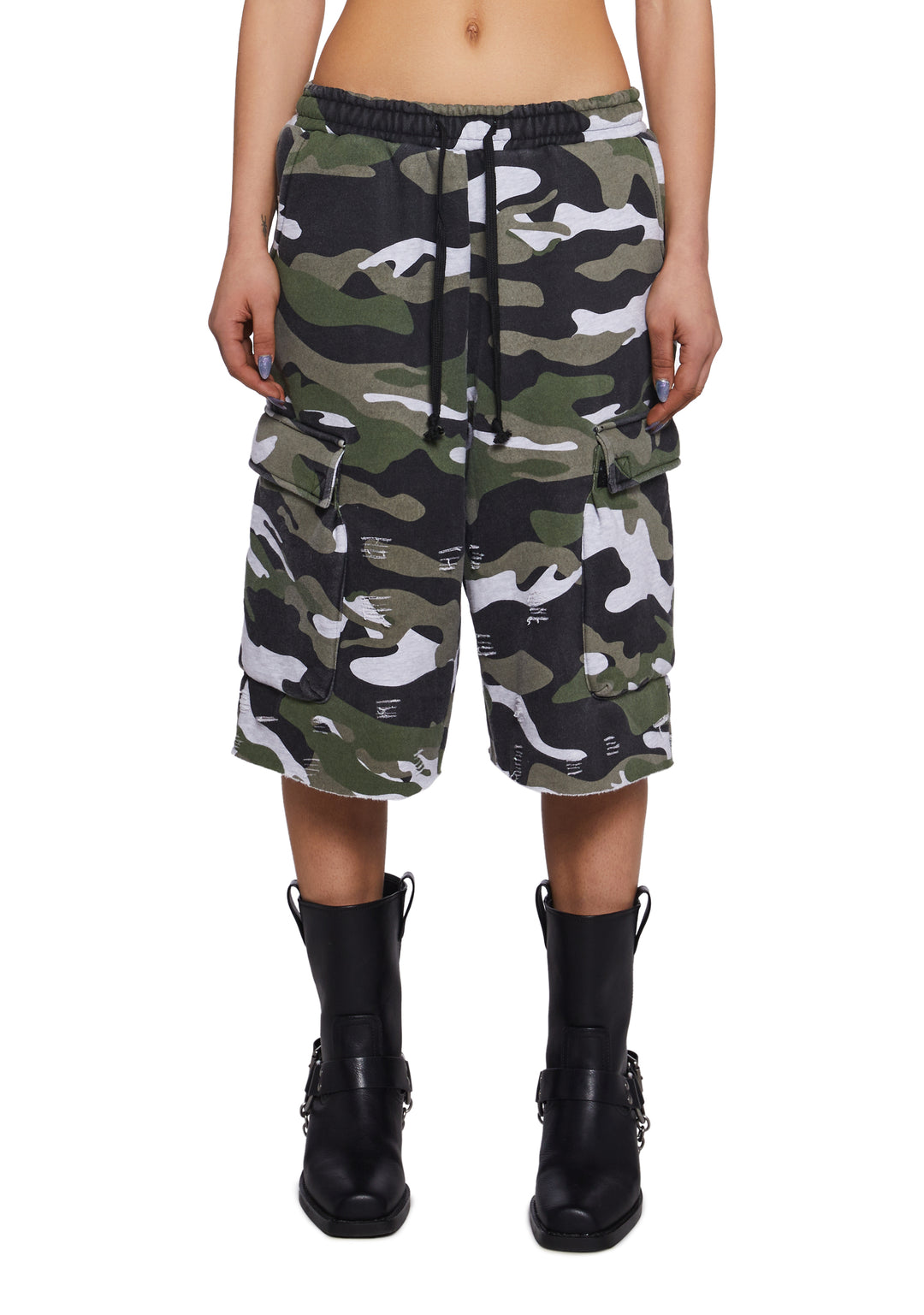 Womens Camo Print Distressed Fleece Shorts Current Mood - Multi