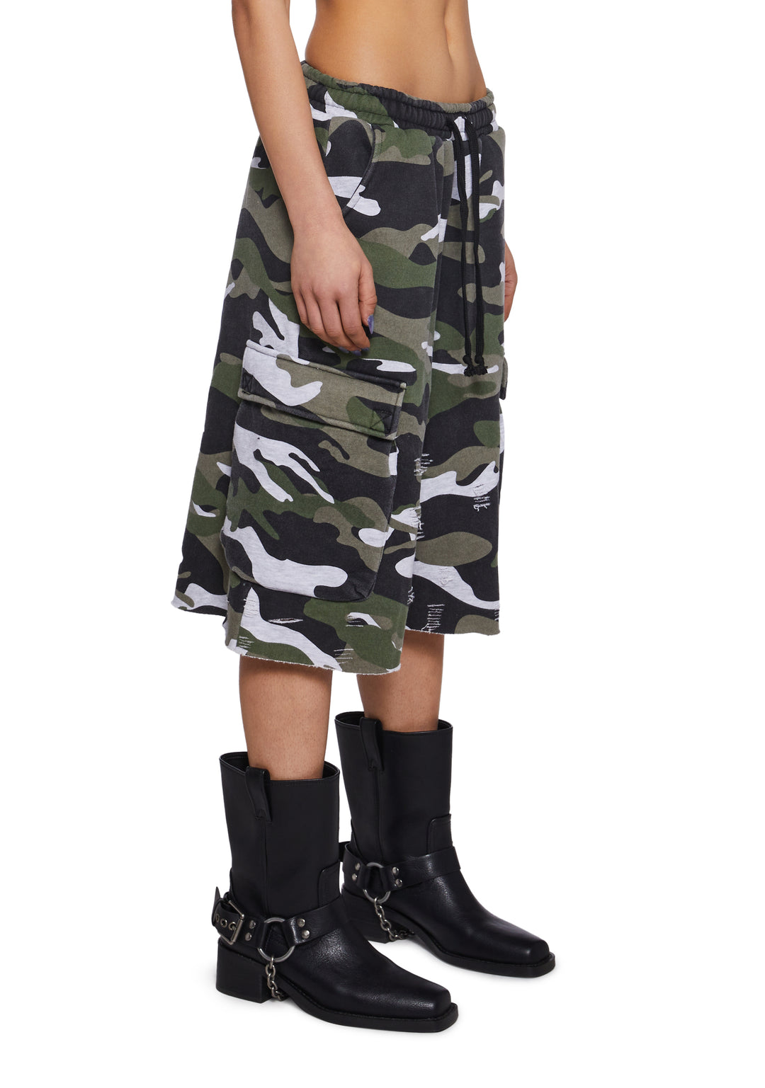 Womens Camo Print Distressed Fleece Shorts Current Mood - Multi - Image 3