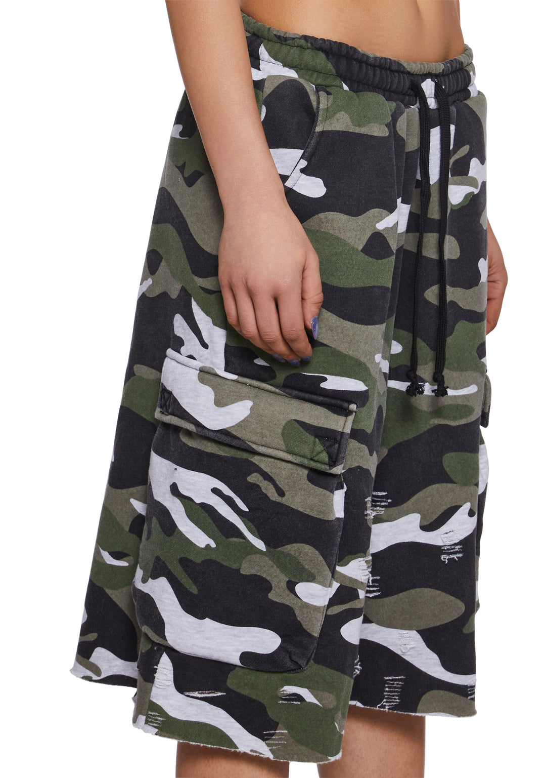 Womens Camo Print Distressed Fleece Shorts Current Mood - Multi - Image 5