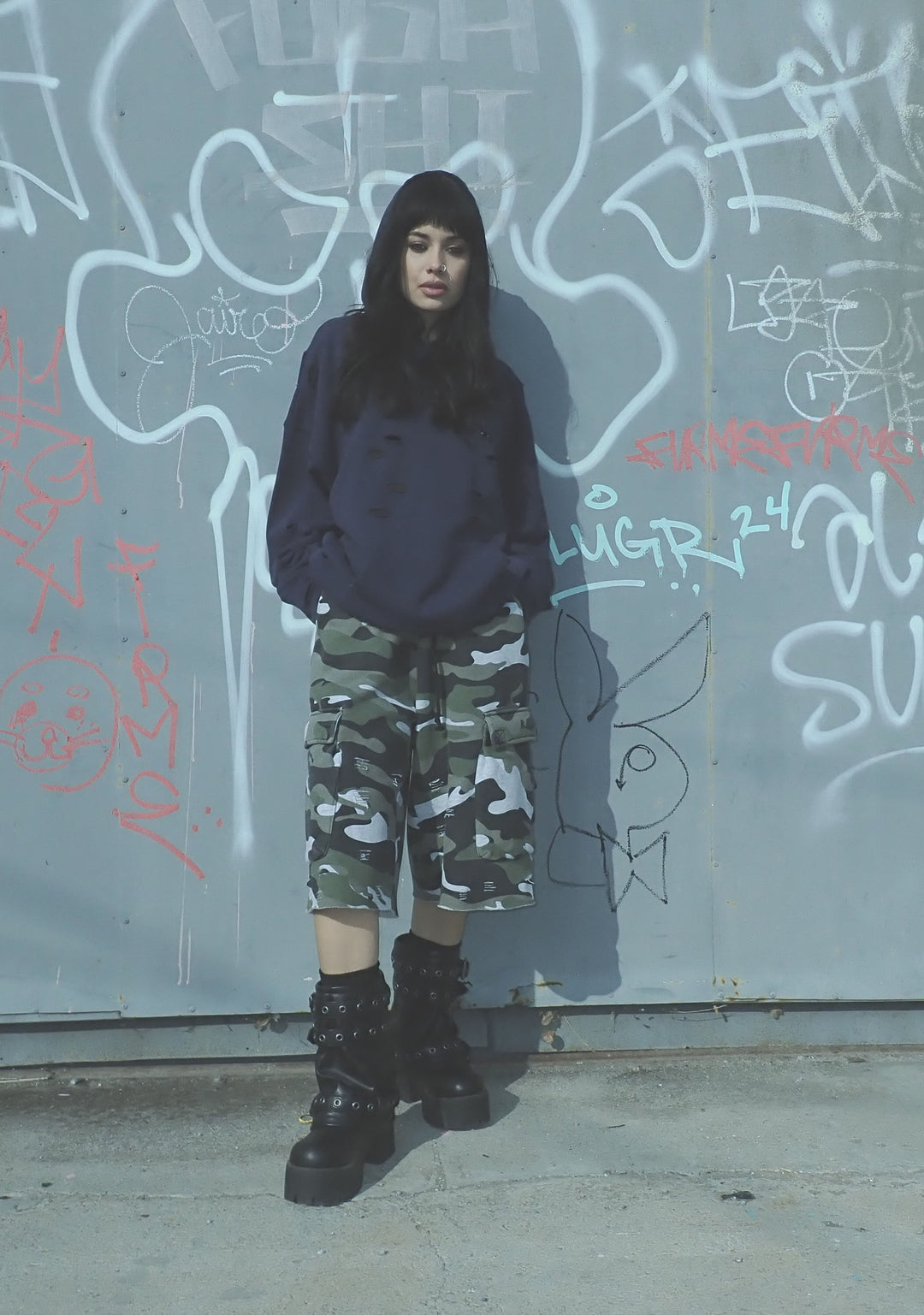 Womens Camo Print Distressed Fleece Shorts Current Mood - Multi - Image 6