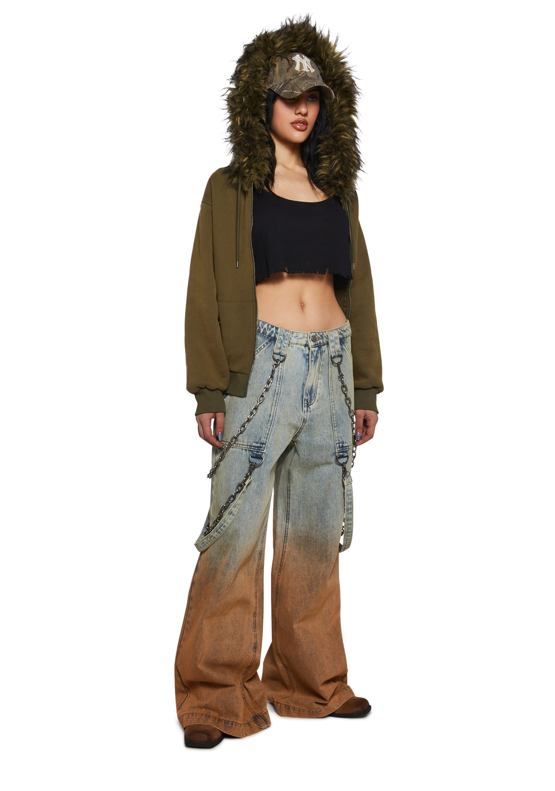 Womens Sexy Dip Dye Ombre Denim Baggy Jeans With Chain And Straps Current Mood - Multi - Image 6