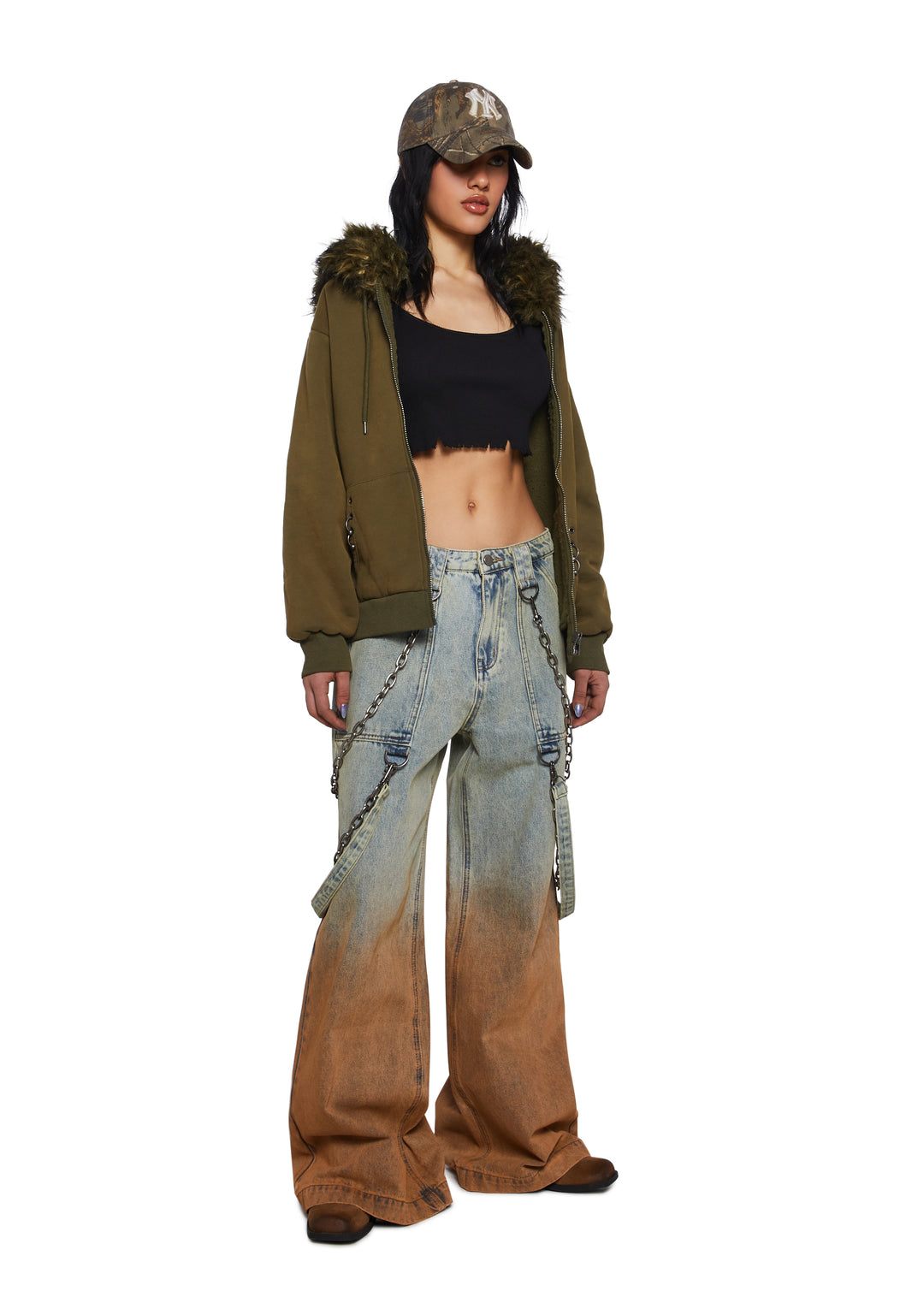 Womens Sexy Dip Dye Ombre Denim Baggy Jeans With Chain And Straps Current Mood - Multi - Image 2