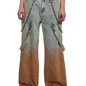 Womens Sexy Dip Dye Ombre Denim Baggy Jeans With Chain And Straps Current Mood - Multi