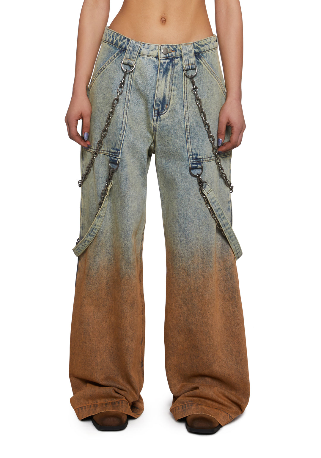 Womens Sexy Dip Dye Ombre Denim Baggy Jeans With Chain And Straps Current Mood - Multi