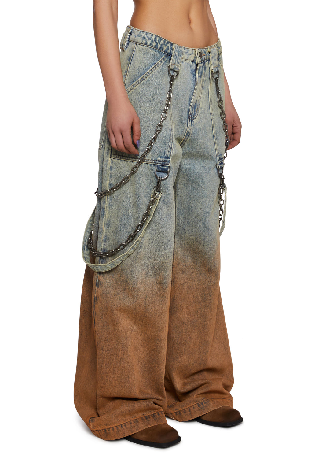 Womens Sexy Dip Dye Ombre Denim Baggy Jeans With Chain And Straps Current Mood - Multi - Image 3