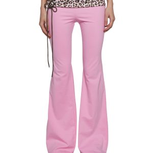 Stretchy Knit Leopard Print Lace-Up Foldover Waist Flare Pants Sugar Thrillz - Multi