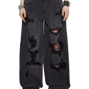Washed Distressed Baggy Wide Leg Jeans Widow - Black