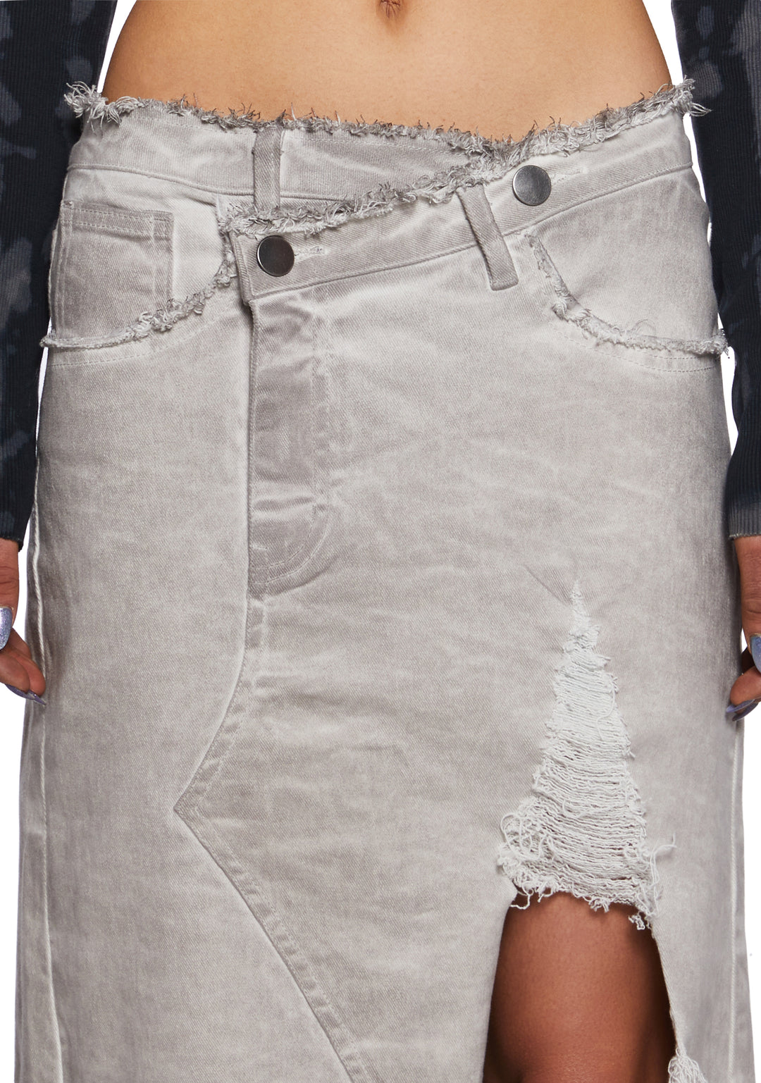 Womens Asymmetrical Denim Midi Skirt With Distressed Detailing Current Mood - Gray - Image 5