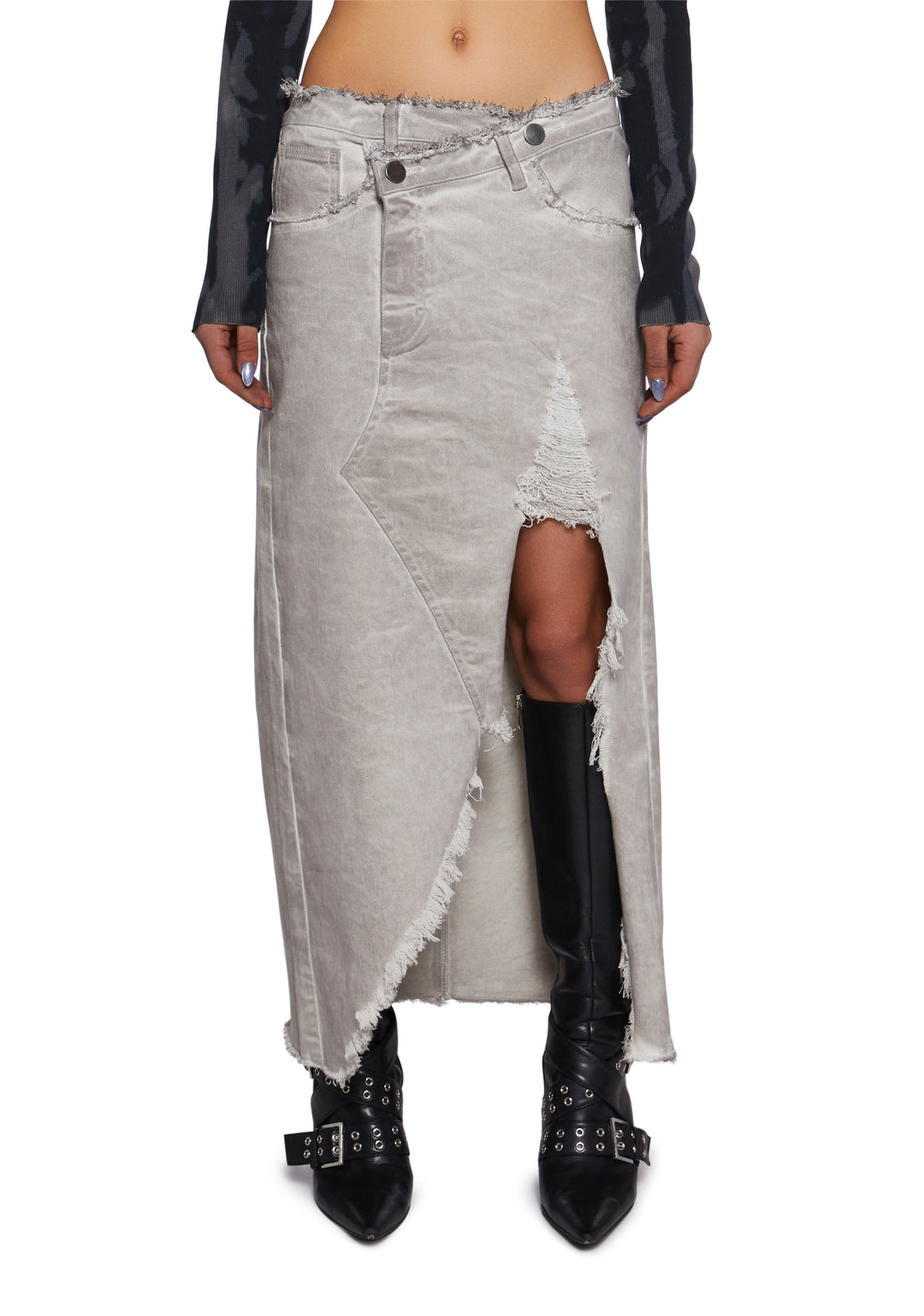 Womens Asymmetrical Denim Midi Skirt With Distressed Detailing Current Mood - Gray