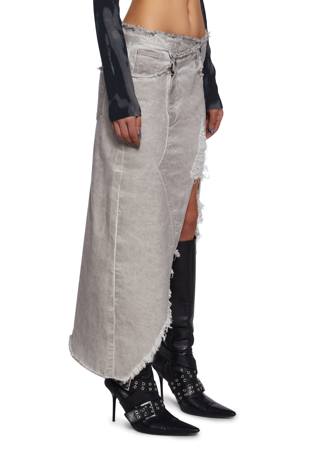 Womens Asymmetrical Denim Midi Skirt With Distressed Detailing Current Mood - Gray - Image 3