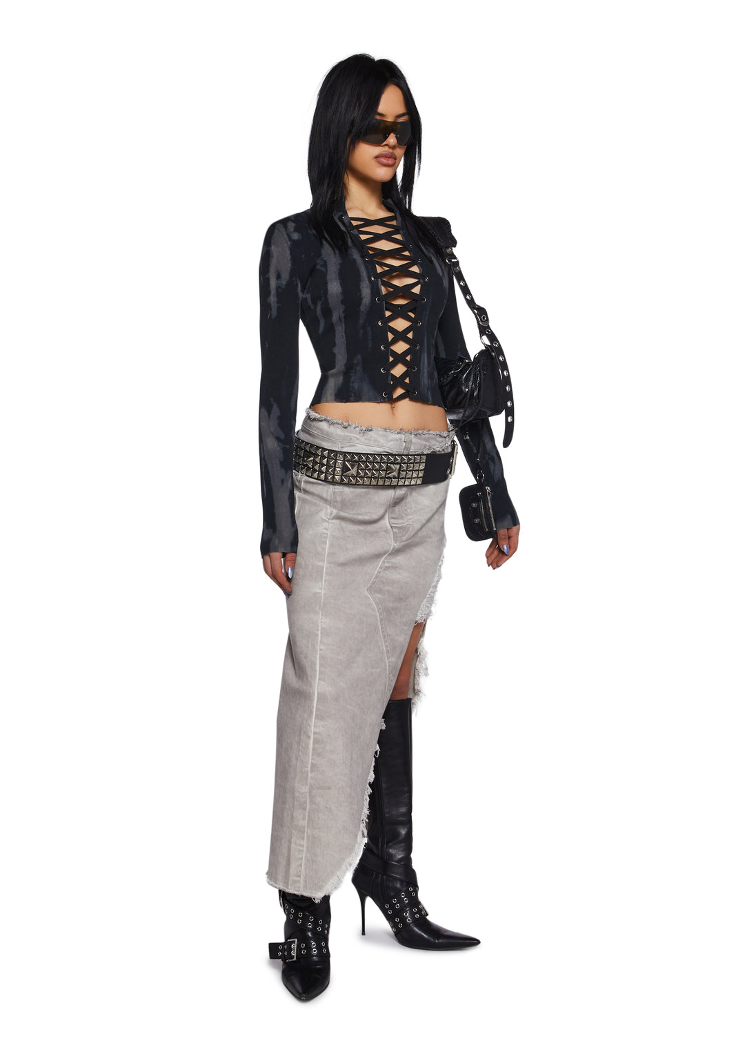 Womens Asymmetrical Denim Midi Skirt With Distressed Detailing Current Mood - Gray - Image 2