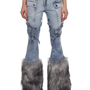 Womens Flared Washed Denim Jeans With Faux Fur Hem Generation Kiss - Multi