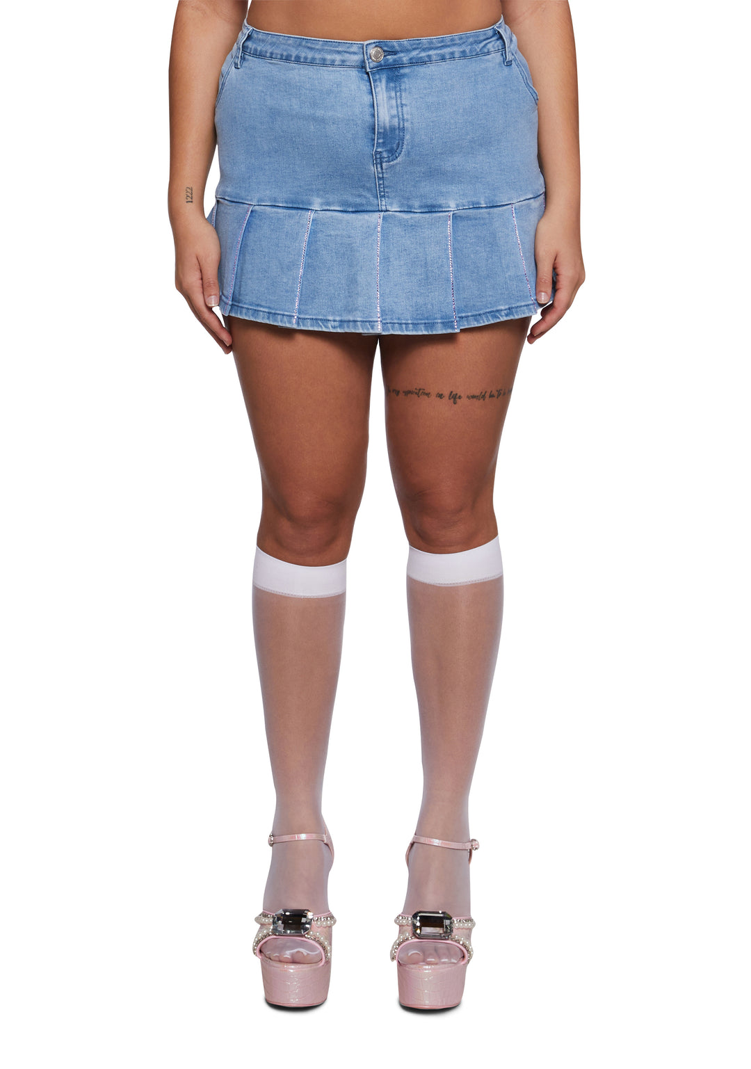 Womens Rhinestone Pleated Mini Skirt With Heart Pockets Sugar Thrillz - Blue - Image 12