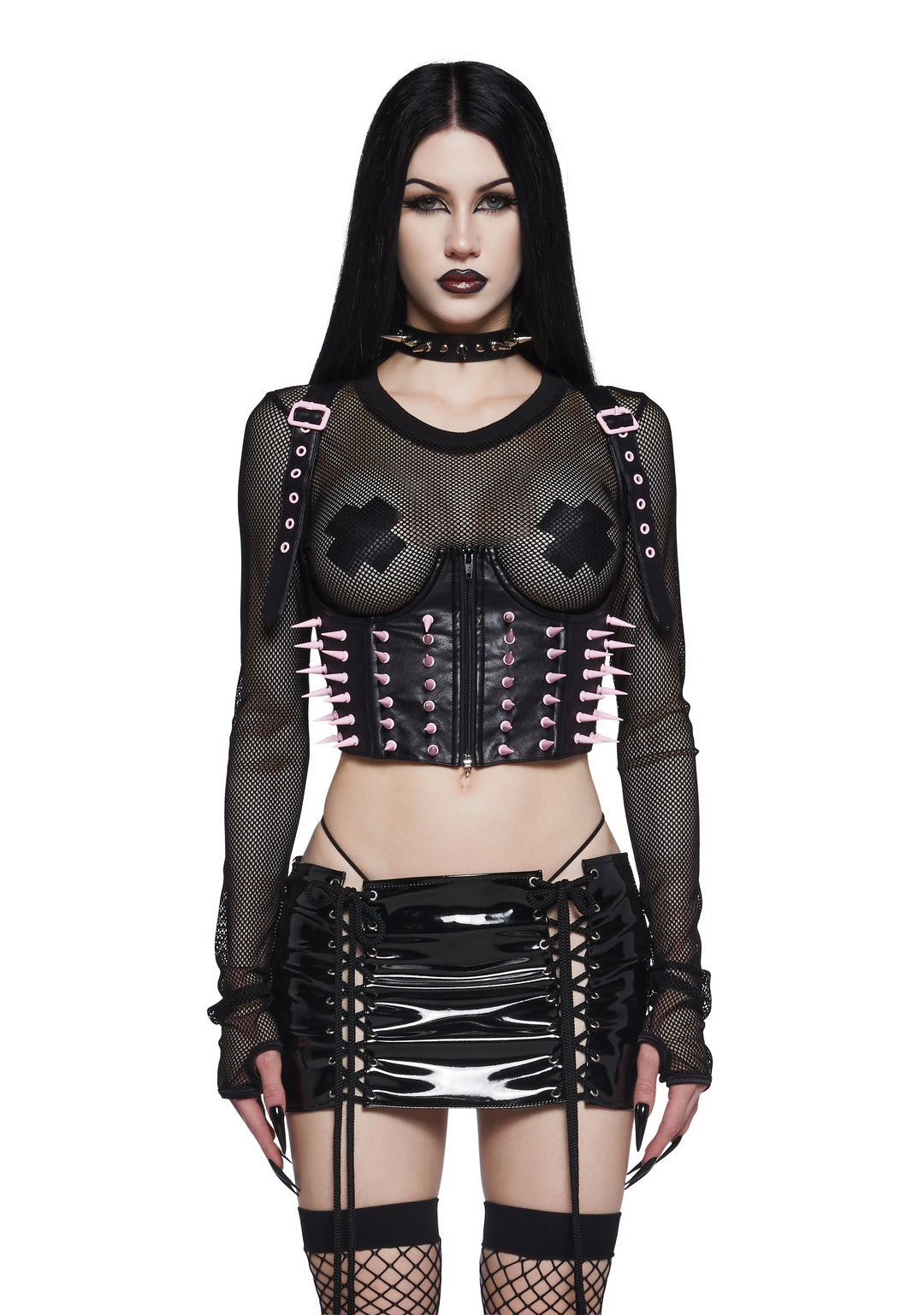 Metal Goth Spiked Underbust Corset Widow - Pink/ Black