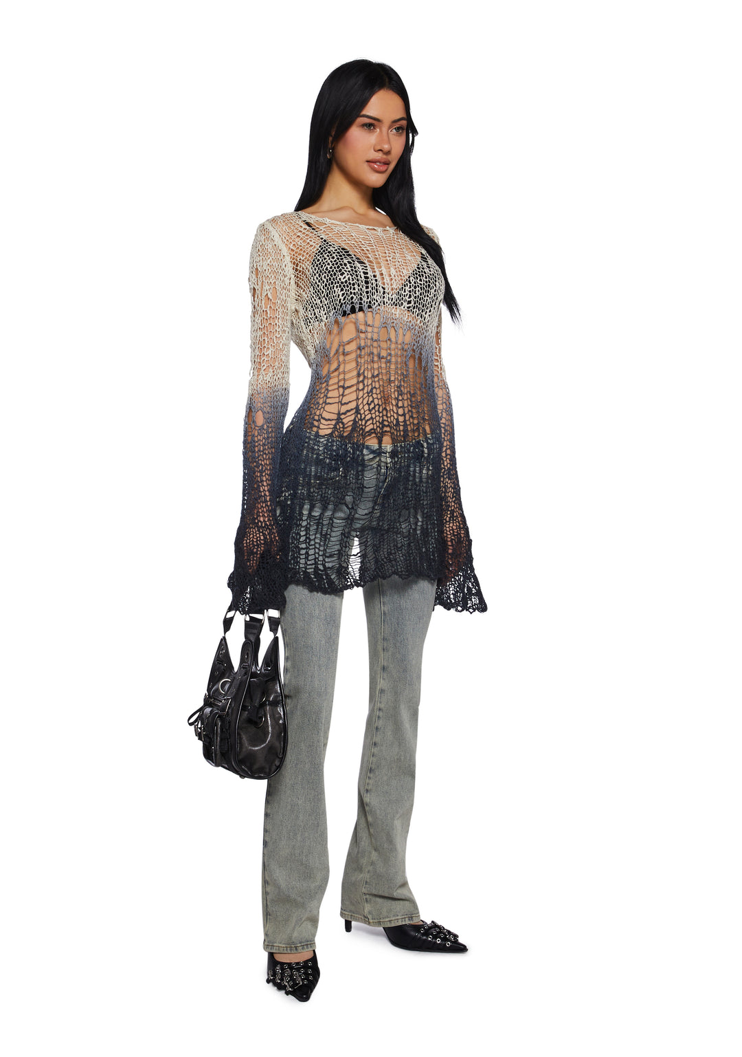 Womens Ombre Distressed Open Weave Knit Oversized Sweater Current Mood - Gray - Image 2
