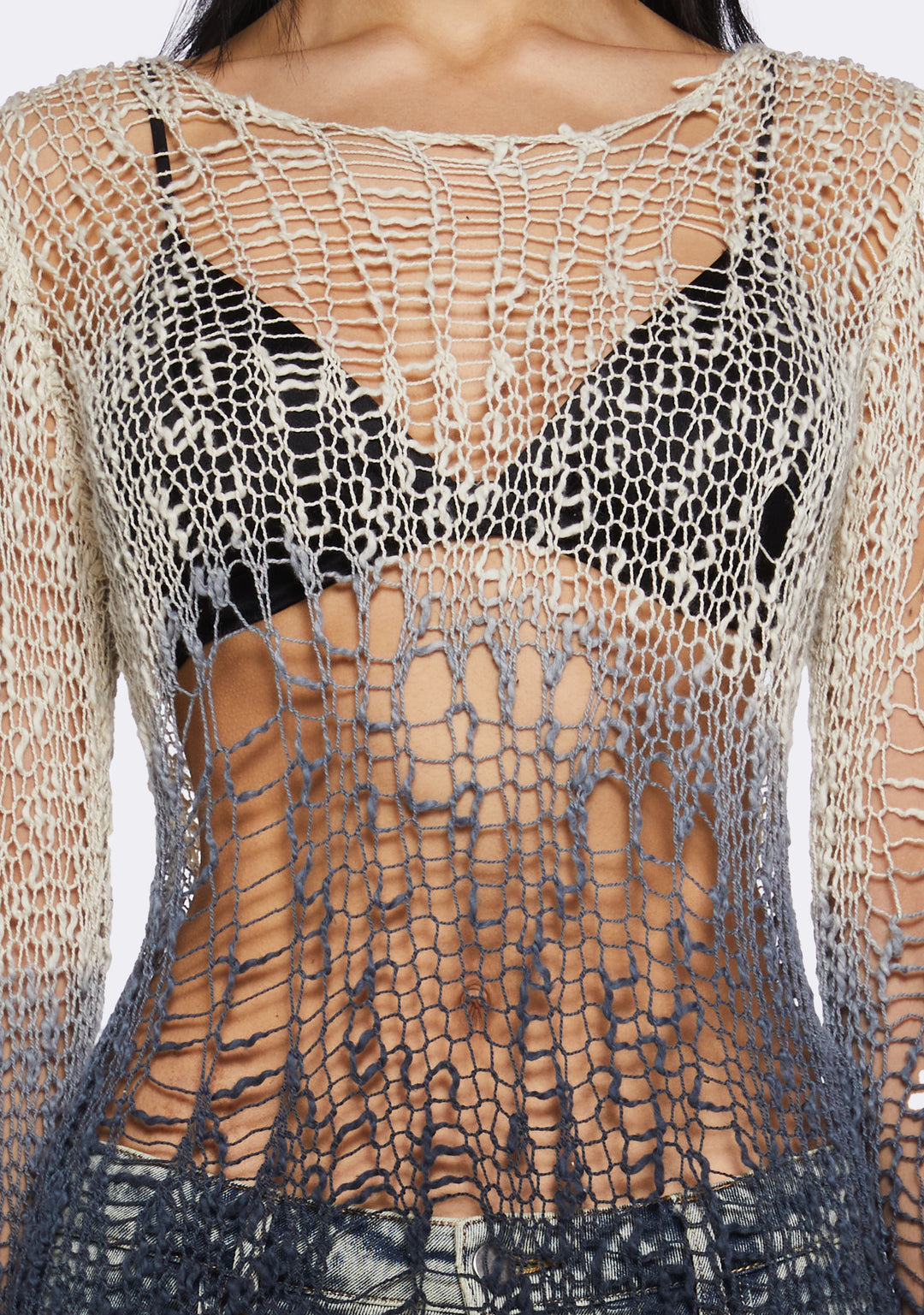 Womens Ombre Distressed Open Weave Knit Oversized Sweater Current Mood - Gray - Image 5