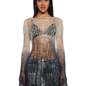 Womens Ombre Distressed Open Weave Knit Oversized Sweater Current Mood - Gray