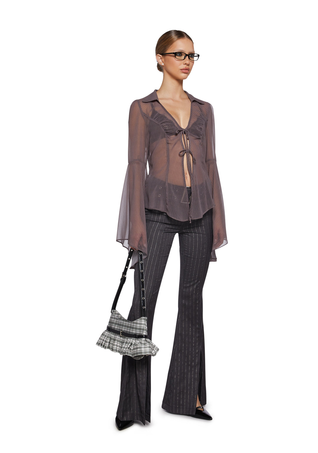 Semi Sheer Pinstripe Chiffon Bell Long Sleeve Top Sugar Thrillz - Black - Image 2