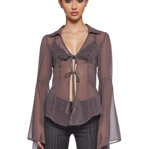 Semi Sheer Pinstripe Chiffon Bell Long Sleeve Top Sugar Thrillz - Black