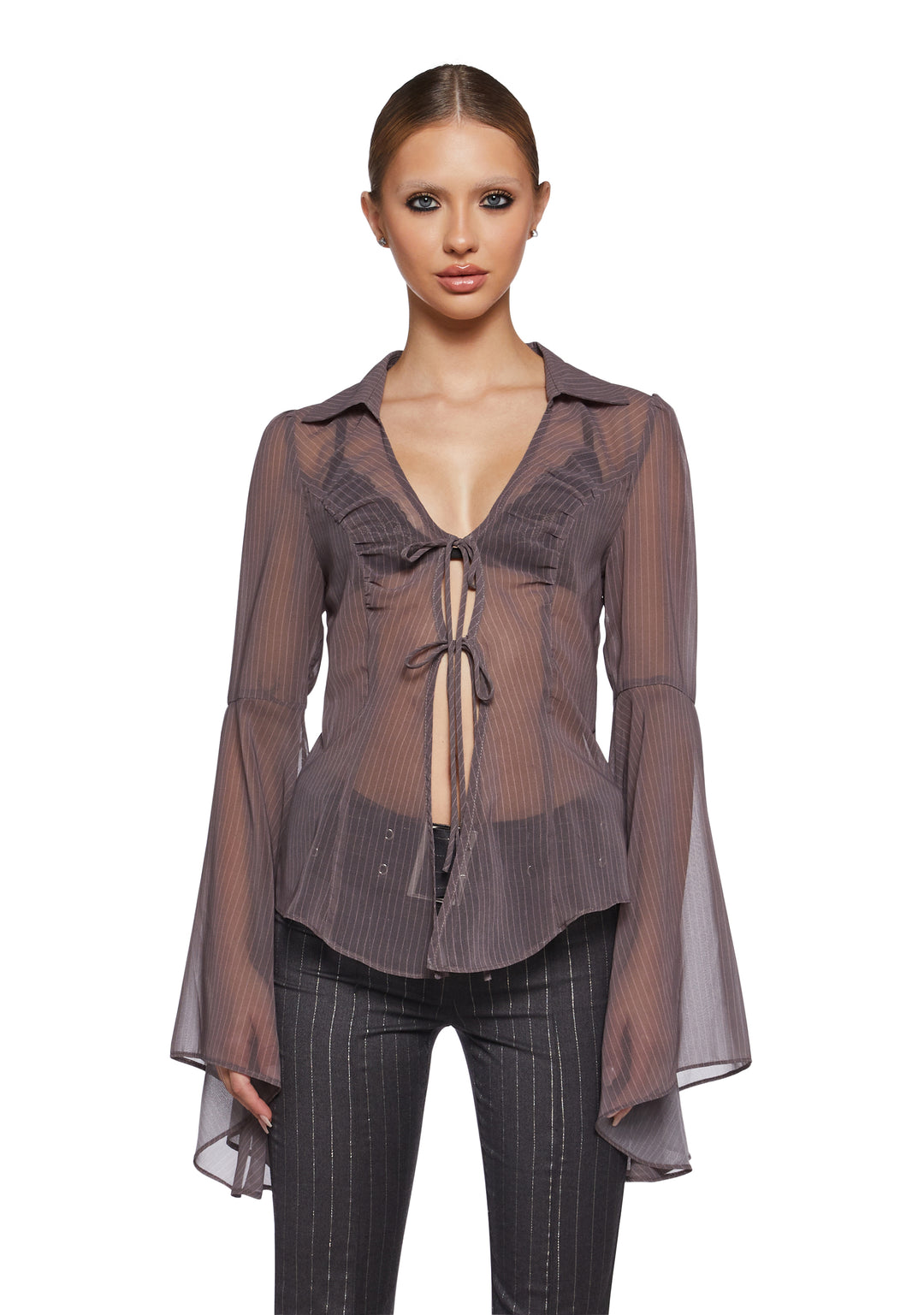 Semi Sheer Pinstripe Chiffon Bell Long Sleeve Top Sugar Thrillz - Black