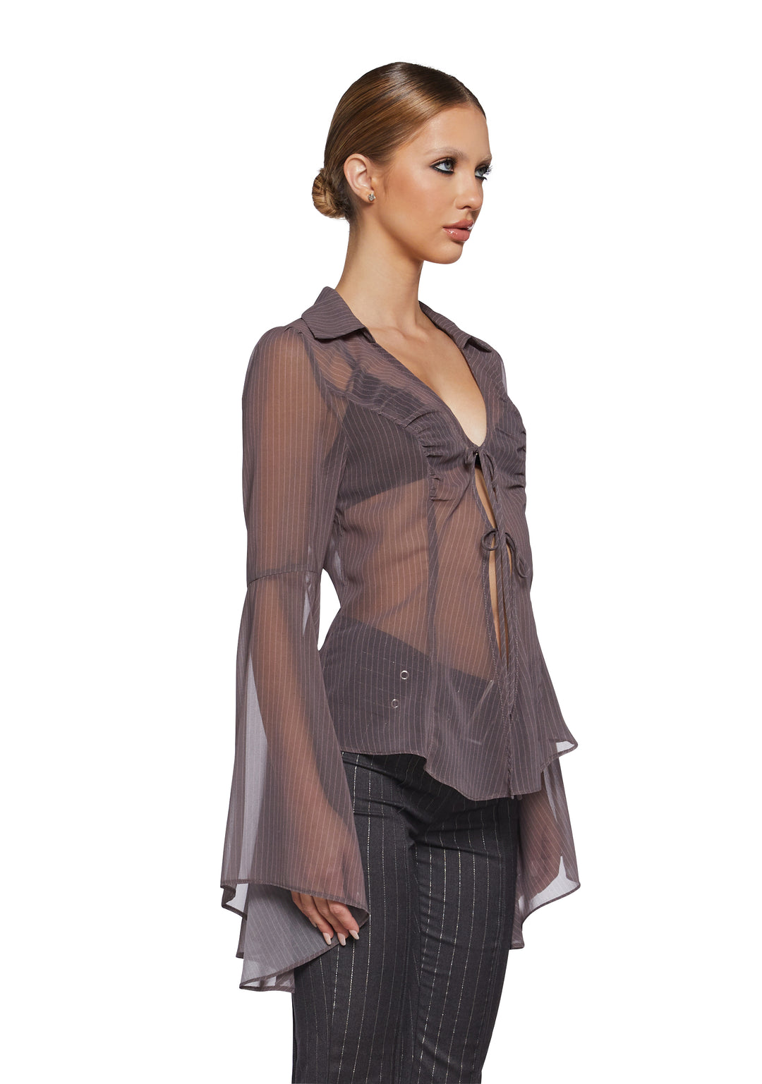 Semi Sheer Pinstripe Chiffon Bell Long Sleeve Top Sugar Thrillz - Black - Image 3