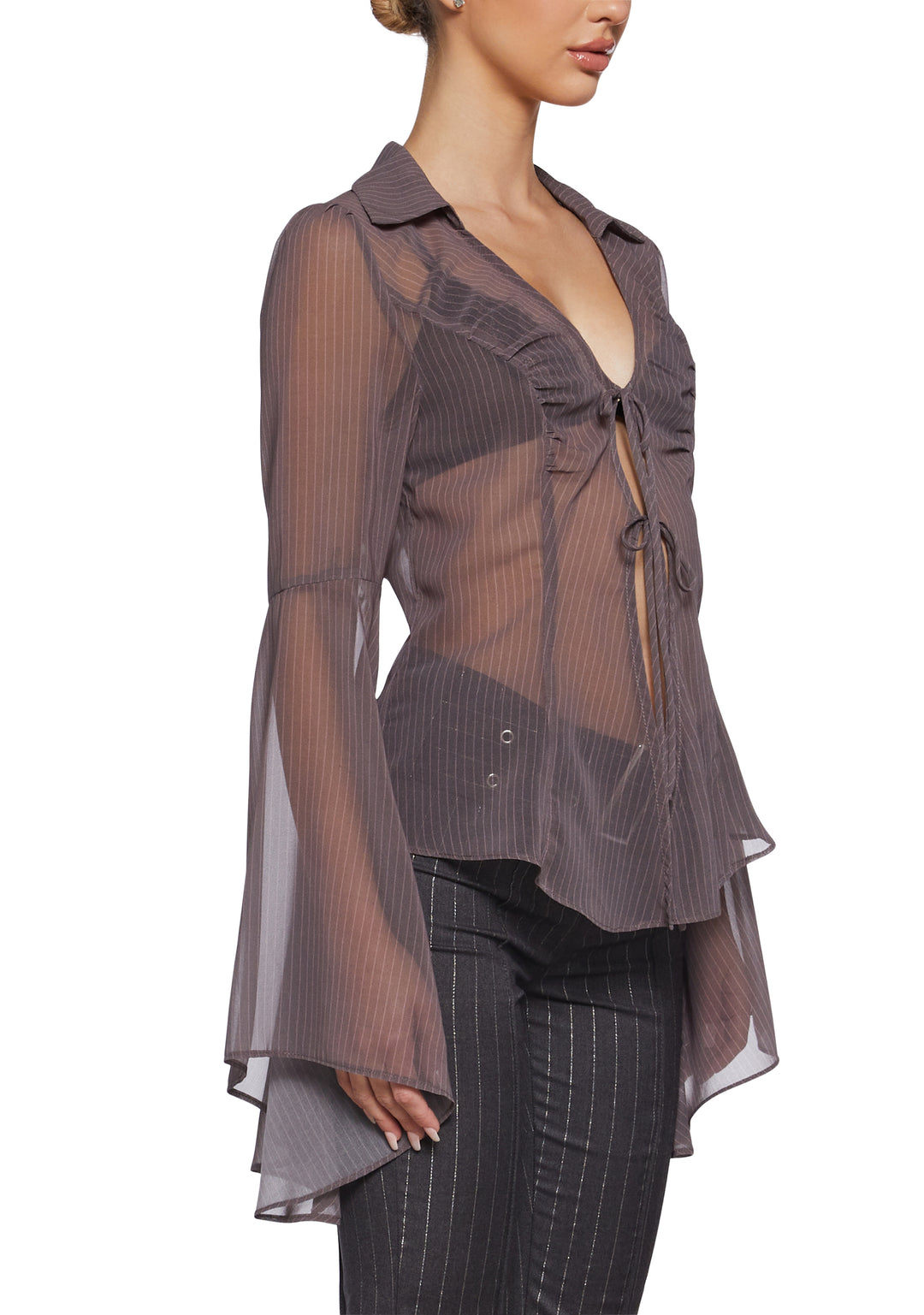 Semi Sheer Pinstripe Chiffon Bell Long Sleeve Top Sugar Thrillz - Black - Image 5