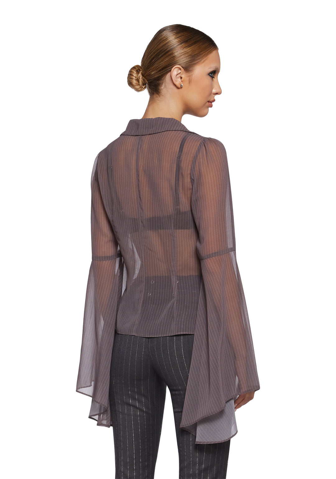 Semi Sheer Pinstripe Chiffon Bell Long Sleeve Top Sugar Thrillz - Black - Image 4