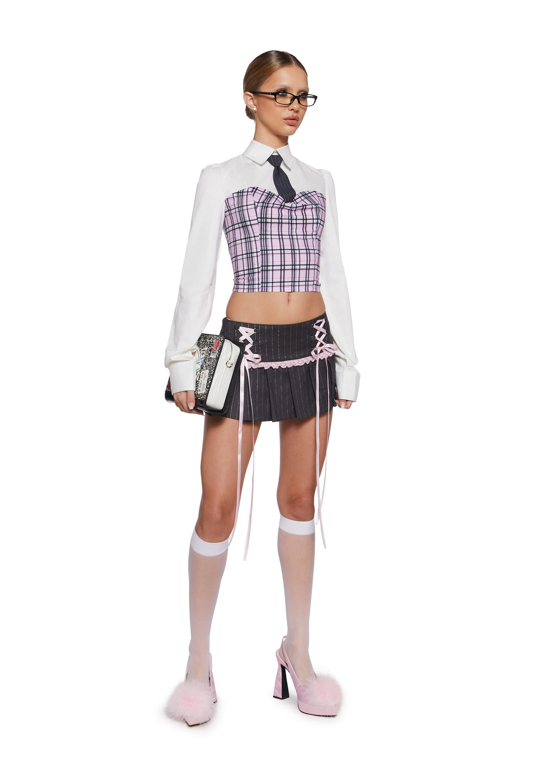 Womens Corset Inspired Long Sleeve Crop Top Office Siren Sugar Thrillz - Pink - Image 2