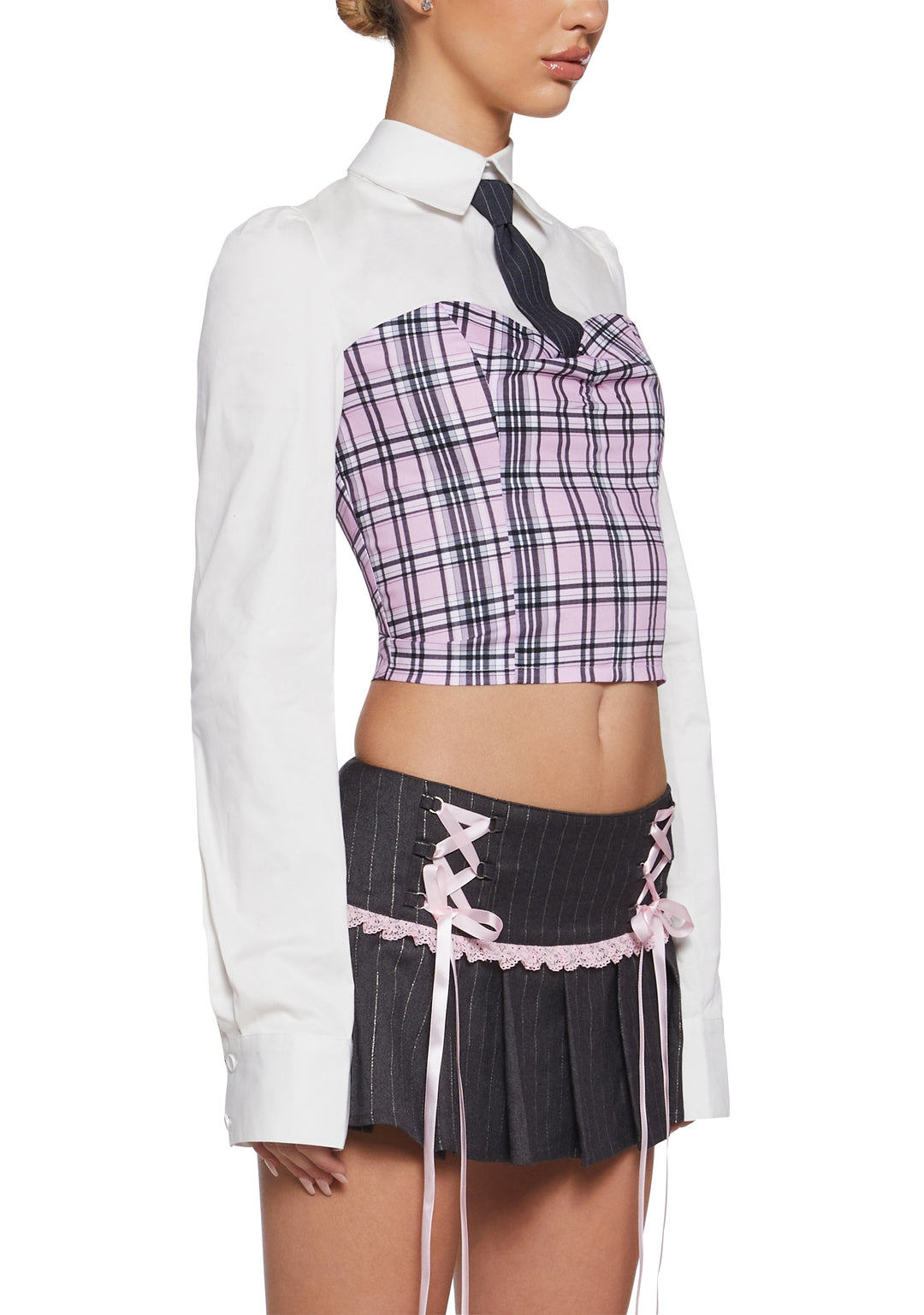 Womens Corset Inspired Long Sleeve Crop Top Office Siren Sugar Thrillz - Pink - Image 5