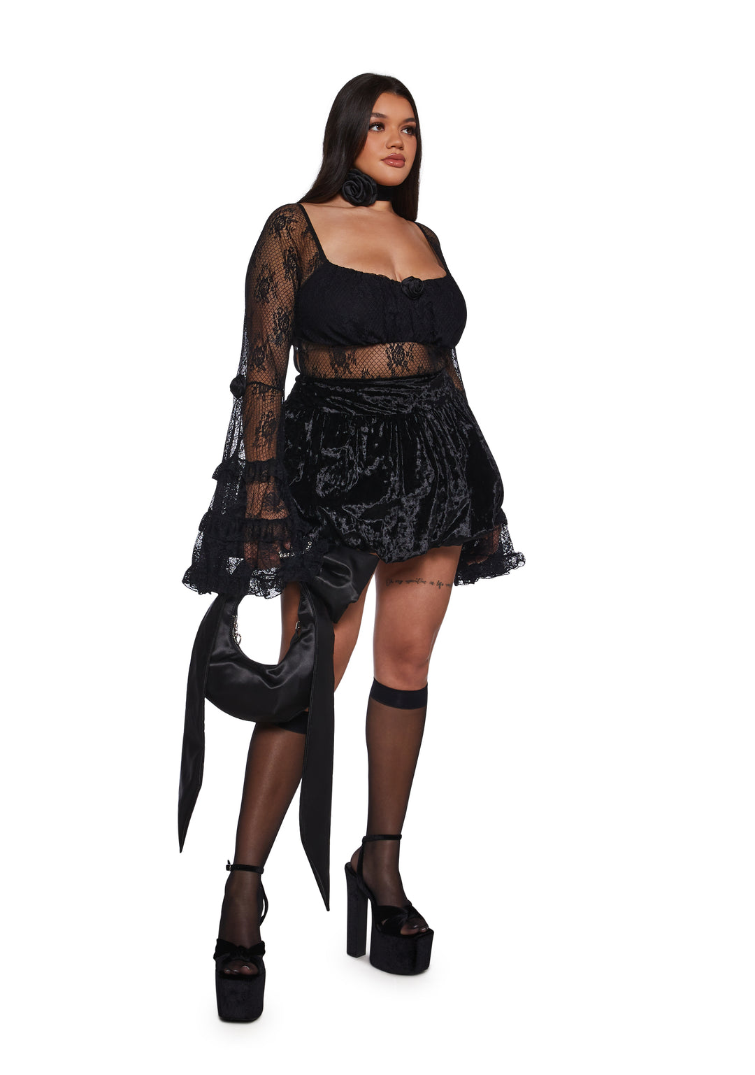 Regency Sheer Mesh Lace Ruffled Long Bell Sleeve Bodysuit Sugar Thrillz - Black - Image 6
