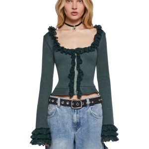 Stretchy Ribbed Knit Ruffled Lace Long Sleeve Top Delia's - Green