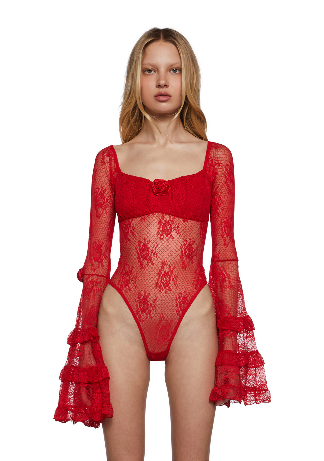 Sheer Mesh Lace Ruffled Long Bell Sleeve Bodysuit Sugar Thrillz - Red