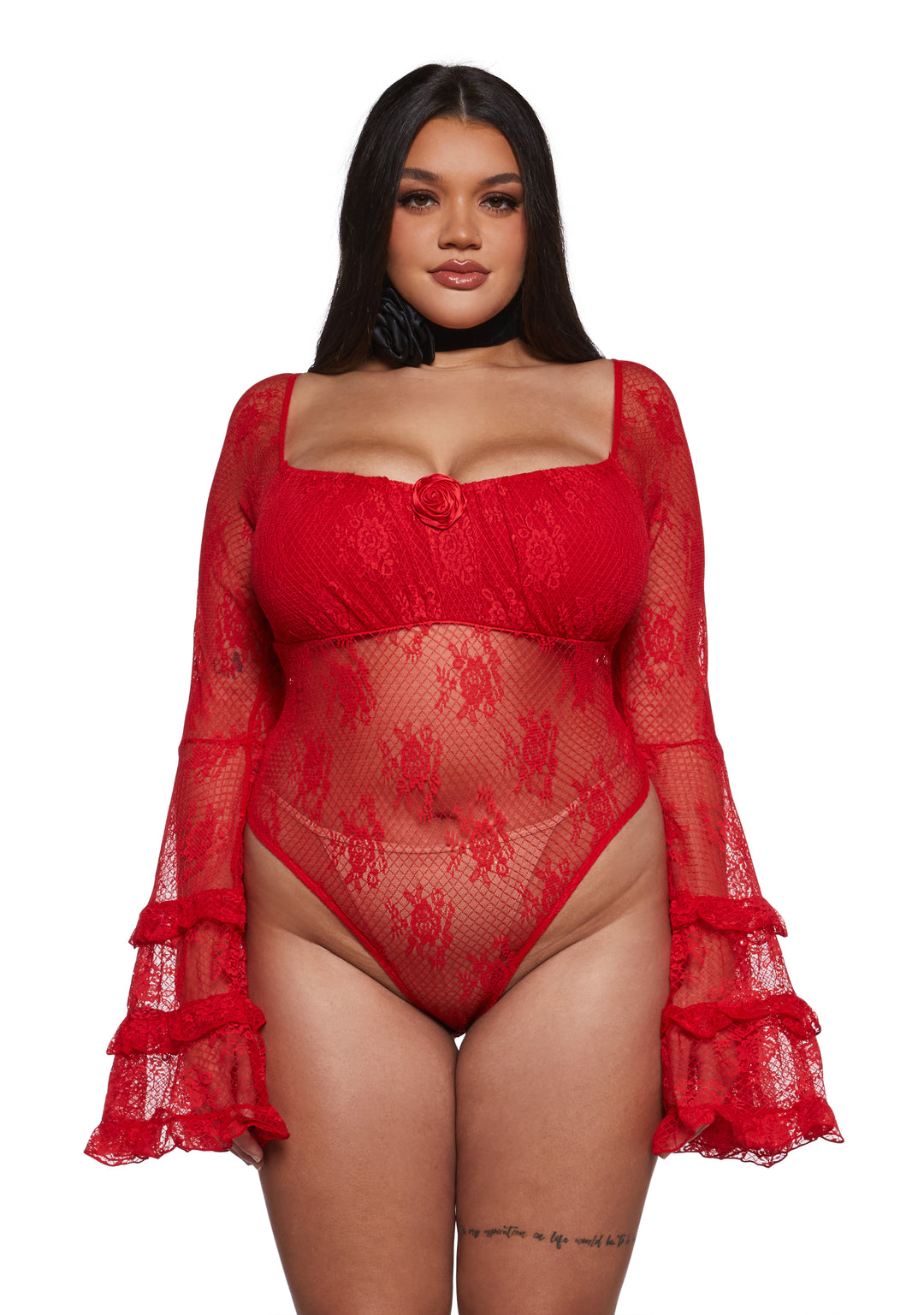 Sheer Mesh Lace Ruffled Long Bell Sleeve Bodysuit Sugar Thrillz - Red - Image 6