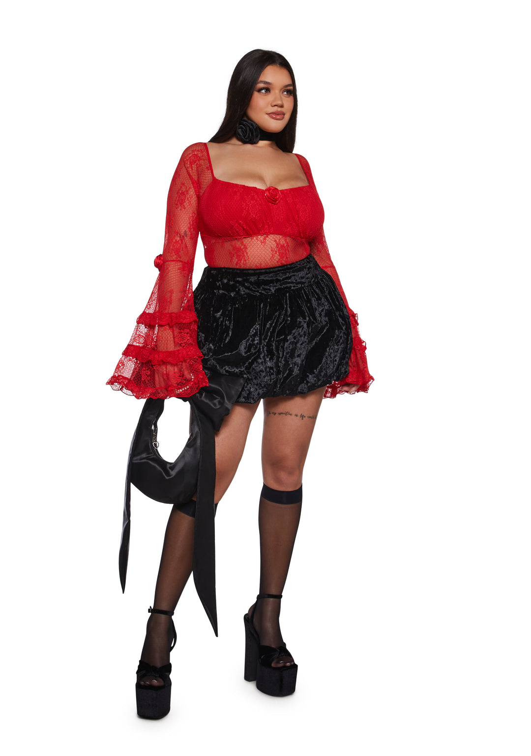 Sheer Mesh Lace Ruffled Long Bell Sleeve Bodysuit Sugar Thrillz - Red - Image 7