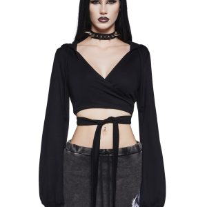 Stretchy Knit Long Sleeve Wrap Top Widow - Black