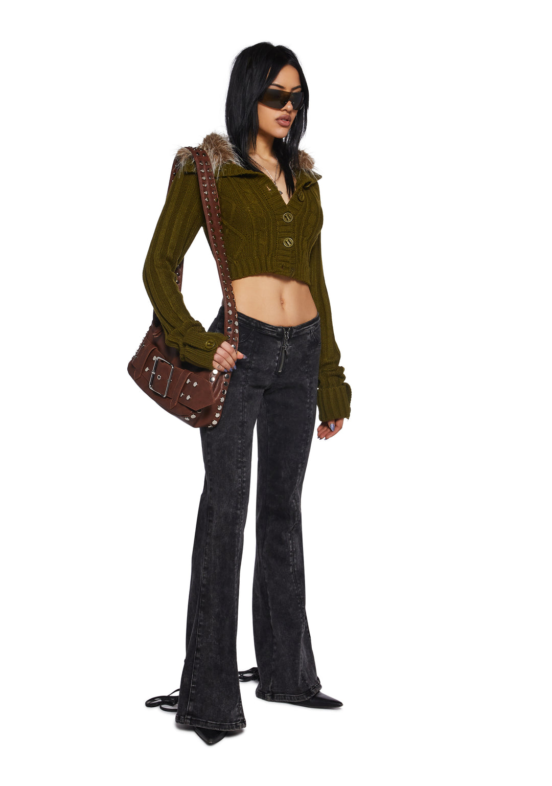 Womens Cable Knit Long Sleeve Cropped Jacket With Faux Fur Trim Current Mood- Green - Image 2