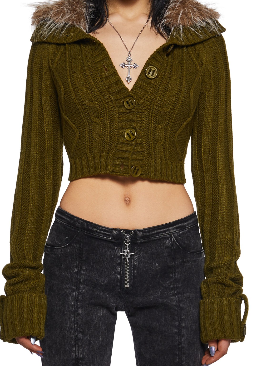 Womens Cable Knit Long Sleeve Cropped Jacket With Faux Fur Trim Current Mood- Green - Image 5