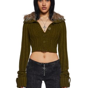 Womens Cable Knit Long Sleeve Cropped Jacket With Faux Fur Trim Current Mood- Green