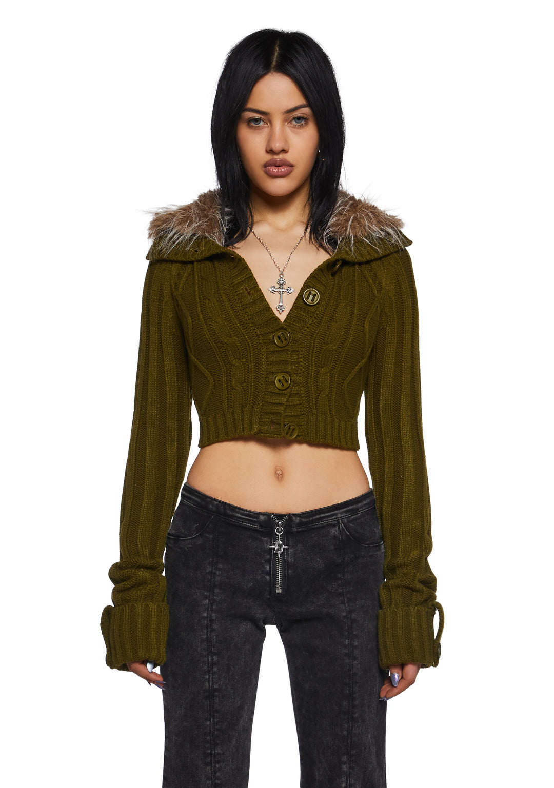Womens Cable Knit Long Sleeve Cropped Jacket With Faux Fur Trim Current Mood- Green