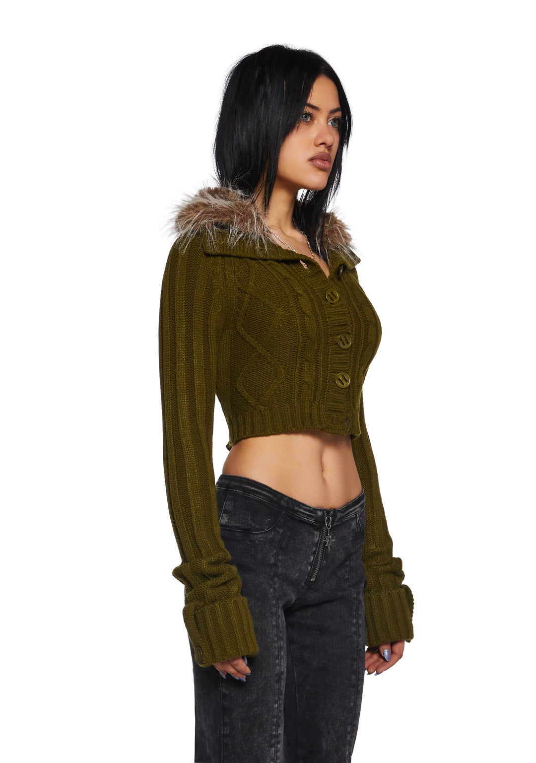 Womens Cable Knit Long Sleeve Cropped Jacket With Faux Fur Trim Current Mood- Green - Image 3