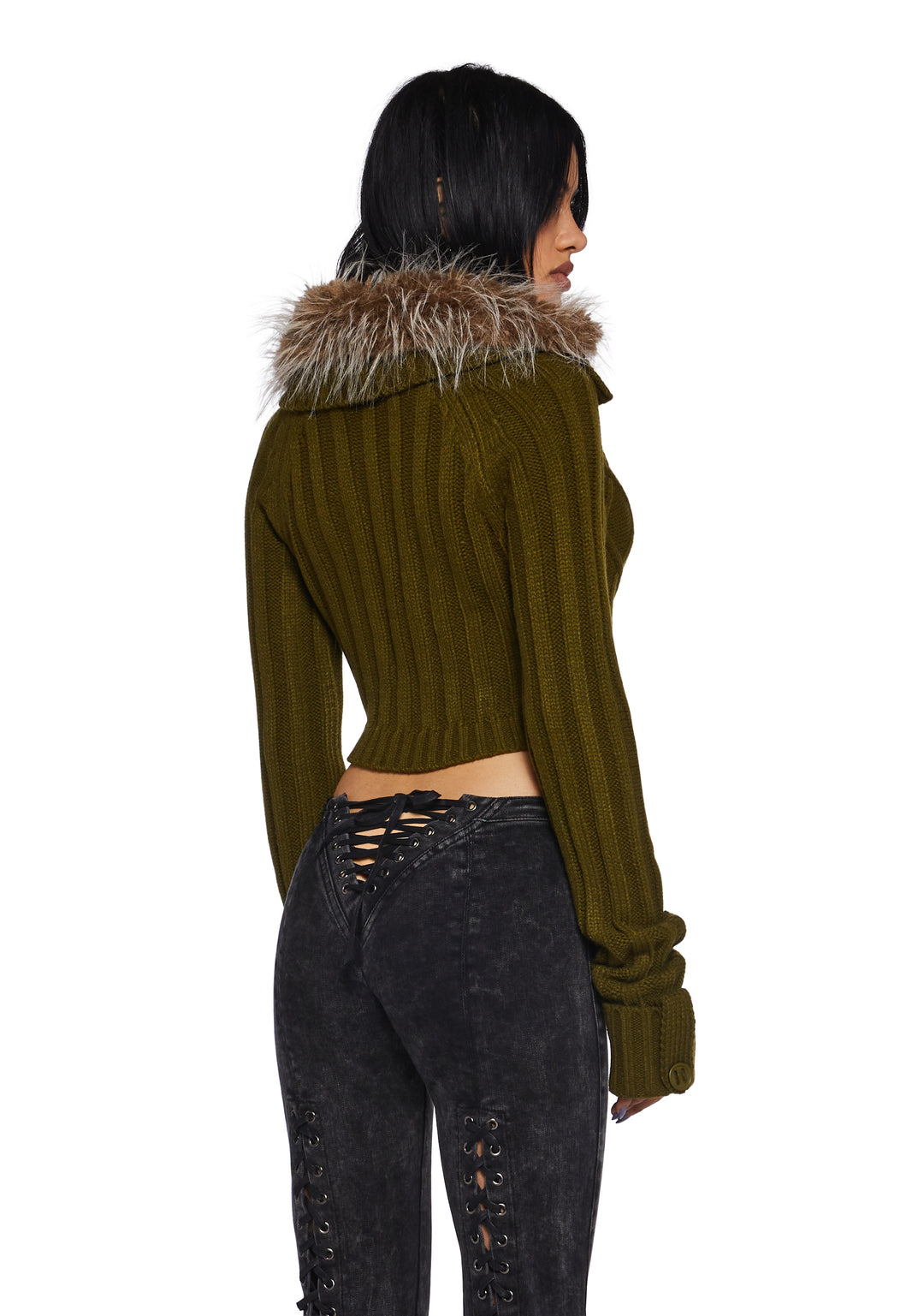 Womens Cable Knit Long Sleeve Cropped Jacket With Faux Fur Trim Current Mood- Green - Image 4