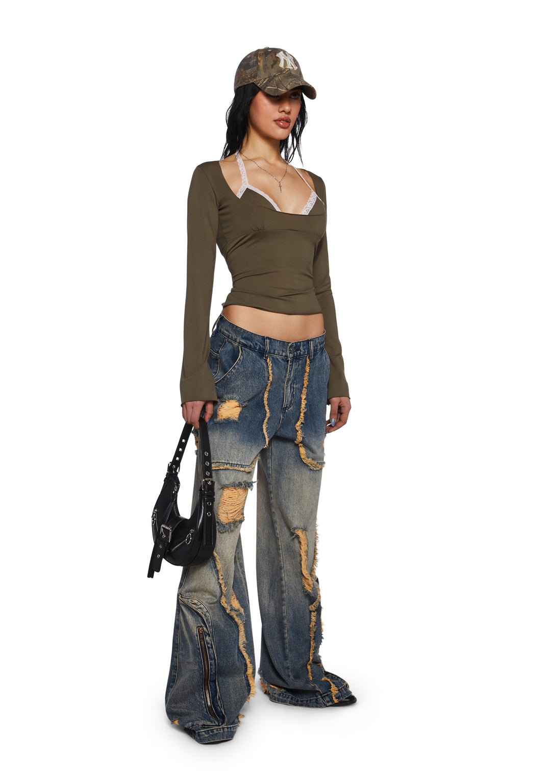 Womens Cut Out Bralette Halter Long Sleeve Top Current Mood - Green - Image 2