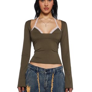 Womens Cut Out Bralette Halter Long Sleeve Top Current Mood - Green
