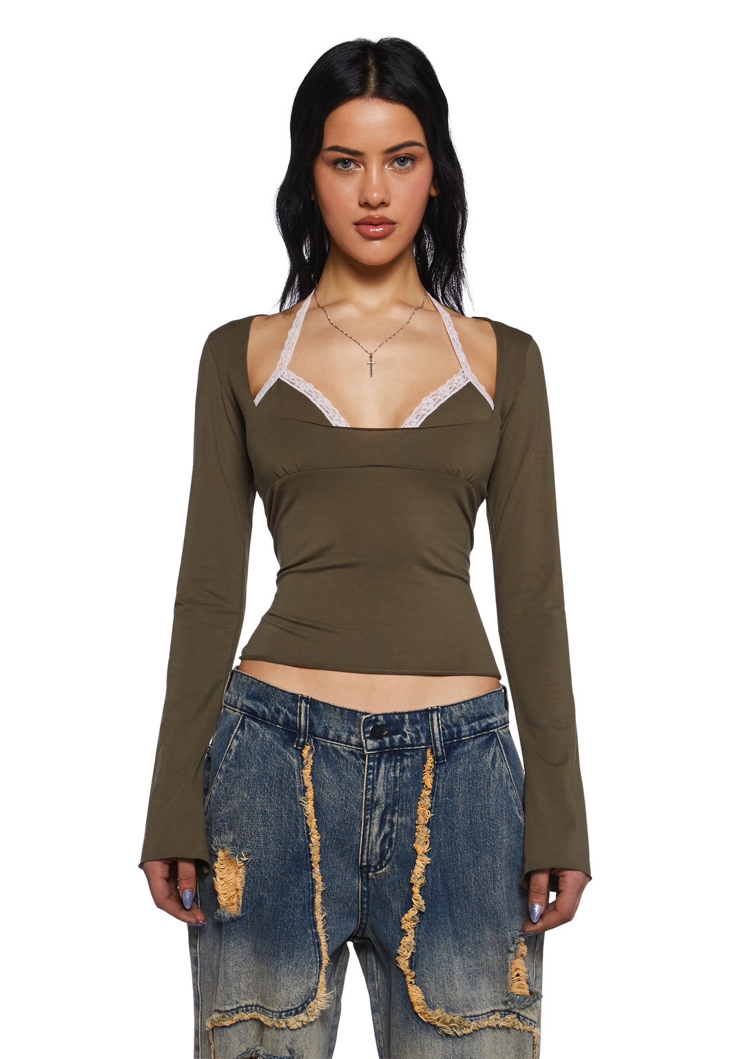 Womens Cut Out Bralette Halter Long Sleeve Top Current Mood - Green