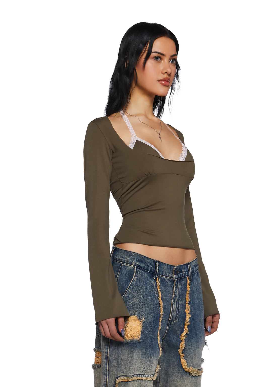 Womens Cut Out Bralette Halter Long Sleeve Top Current Mood - Green - Image 3