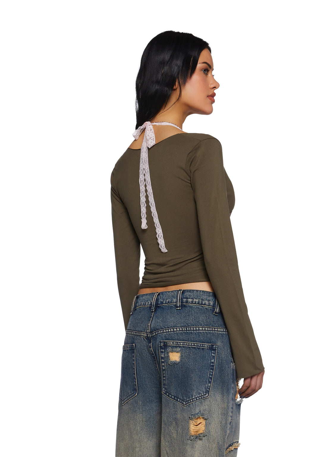 Womens Cut Out Bralette Halter Long Sleeve Top Current Mood - Green - Image 4