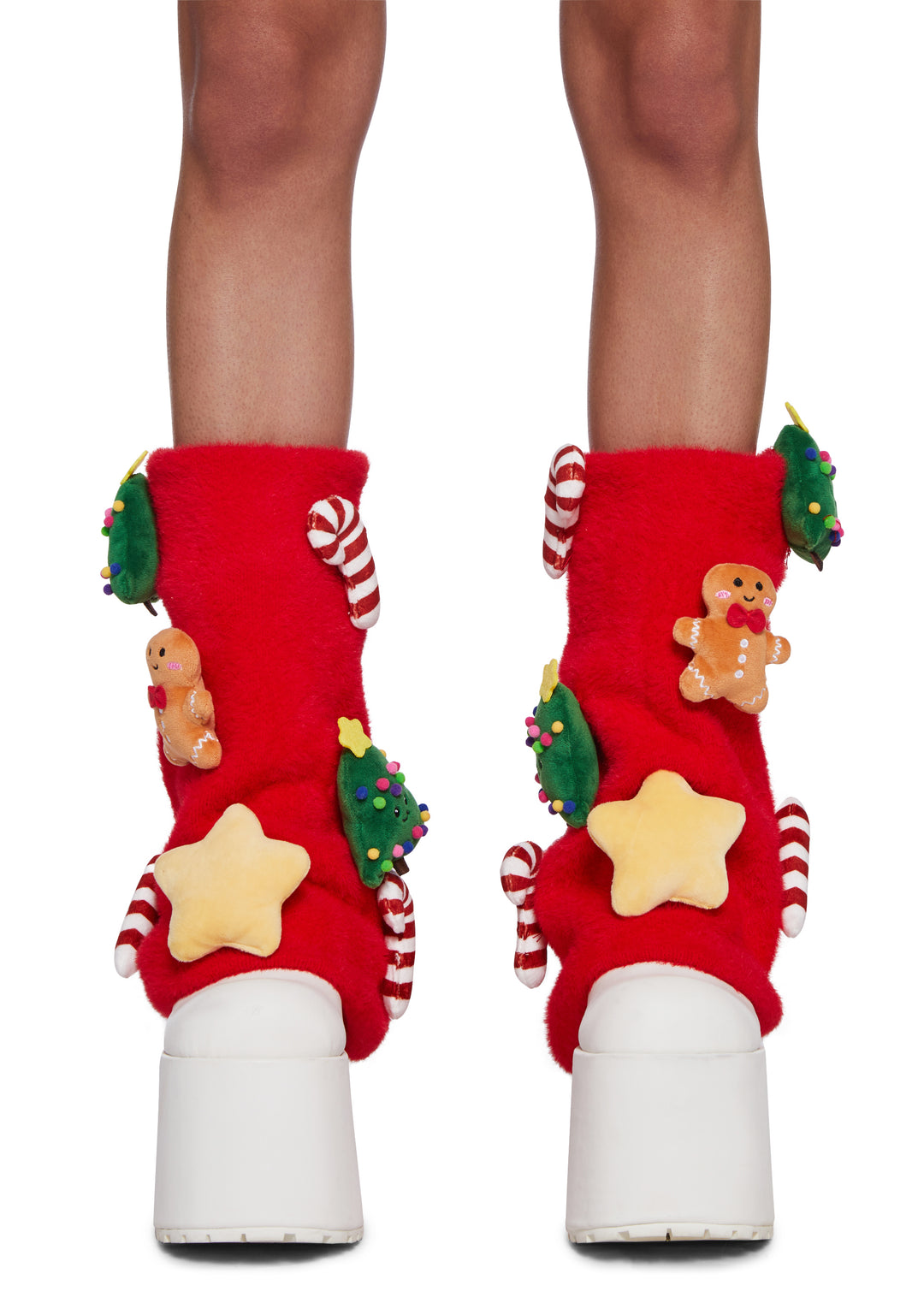 Acrylic Knit Christmas Holiday Plushie Boot Slip Leg Warmers Sugar Thrillz - Red - Image 2