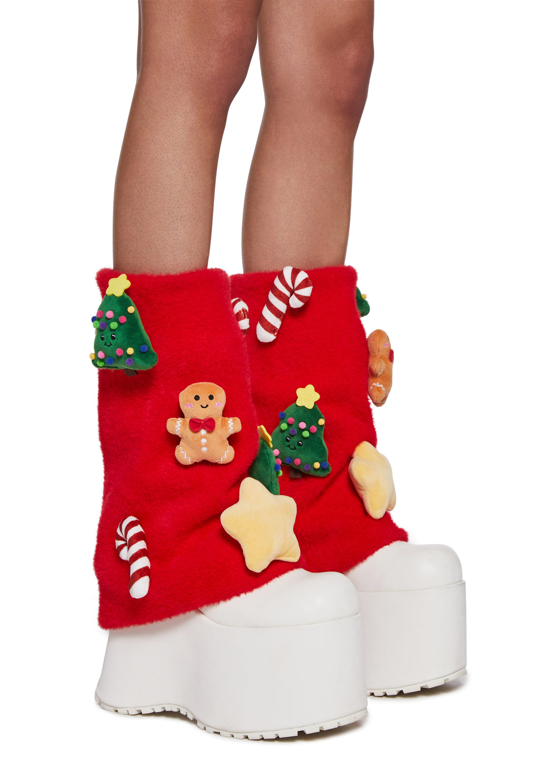 Acrylic Knit Christmas Holiday Plushie Boot Slip Leg Warmers Sugar Thrillz - Red
