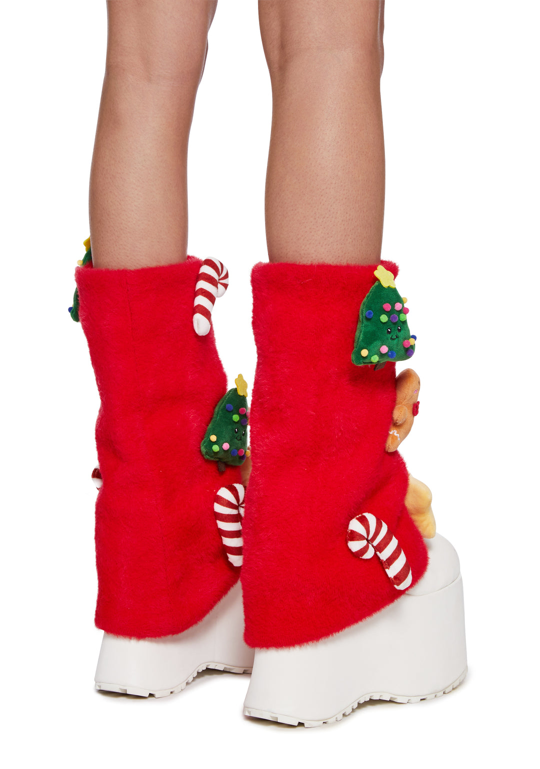 Acrylic Knit Christmas Holiday Plushie Boot Slip Leg Warmers Sugar Thrillz - Red - Image 3